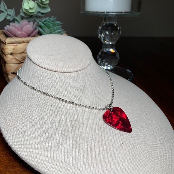 Men’s Red Marbleized Guitar Pick Silver Ball Chain Necklace, 23” - Picture 4 of 7